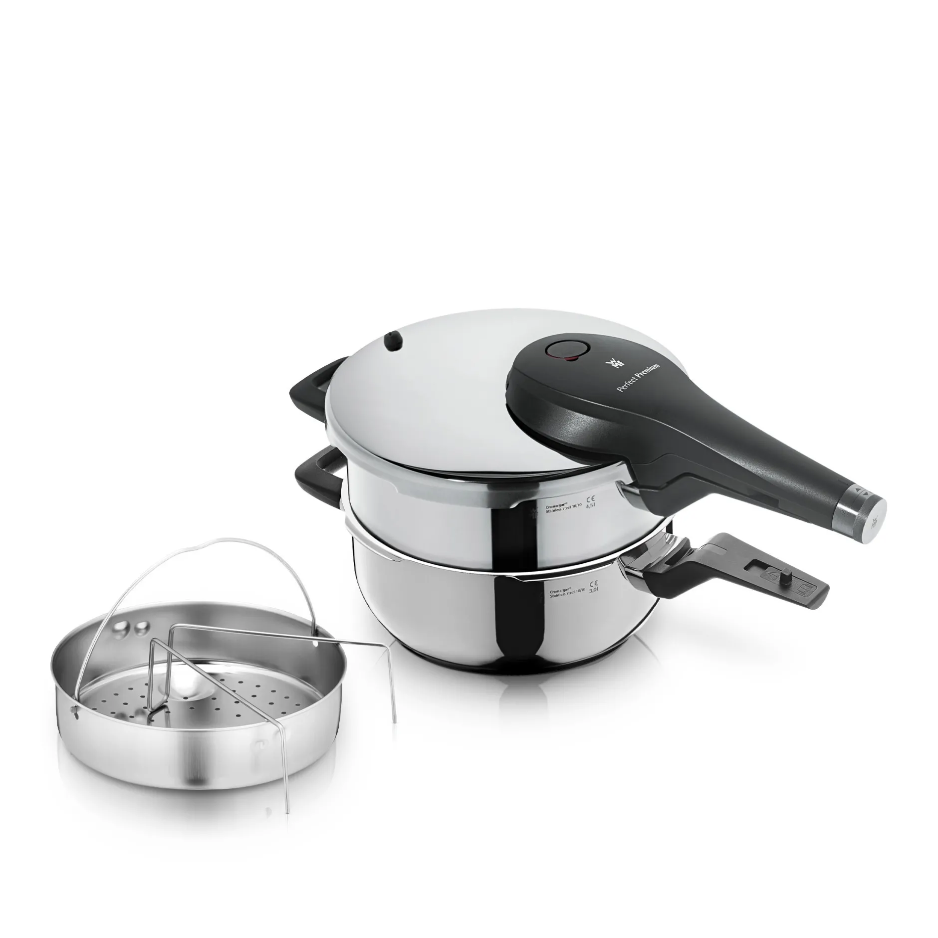 Perfect Premium One Pot Schnellkochtopf-Set mit Dampfgareinsatz, 22 cm, 4,5 und 3,0 Liter, stapelbar|WMF